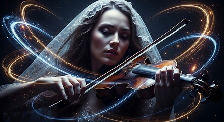 Artistic Violin Performance with Colorful Energy Lines