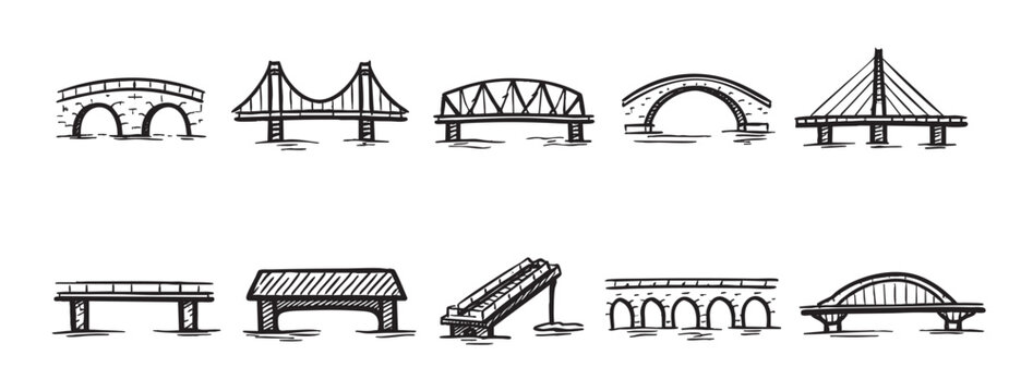 A collection of ten hand-drawn bridge illustrations with unique architectural styles, depicted in black ink on a clean white background. Suitable for educational or creative projects.