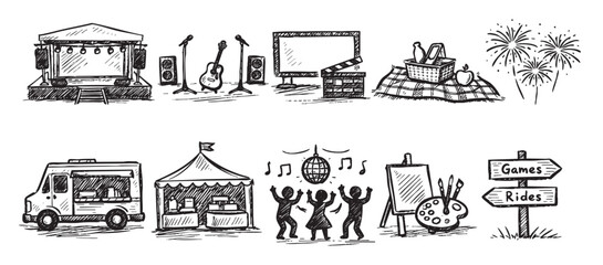 Obraz premium Hand-drawn vector illustration featuring common leisure and entertainment elements. Great for illustrating articles or social media posts about events and activities.
