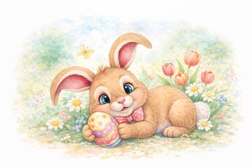Cheerful Spring Bunny With Painted Egg