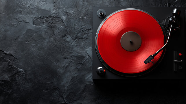 Red vinyl record playing on a turntable with an arm, concept of retro sound system and classic music, top view for music background
