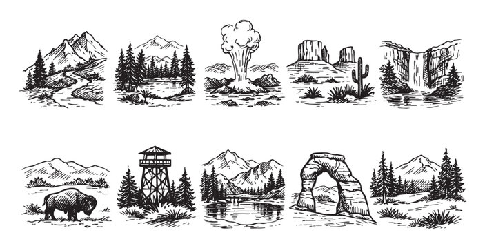 A collection of hand-drawn engravings of national parks scenery. Ideal for logos, travel designs, or branding with a vintage or outdoorsy theme.