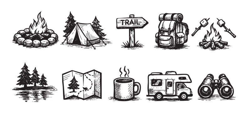 A set of hand-drawn vector illustrations featuring camping and outdoor themes. Includes bonfire, tent, trail sign, backpack, map, and RV. Great for adventure-themed designs.