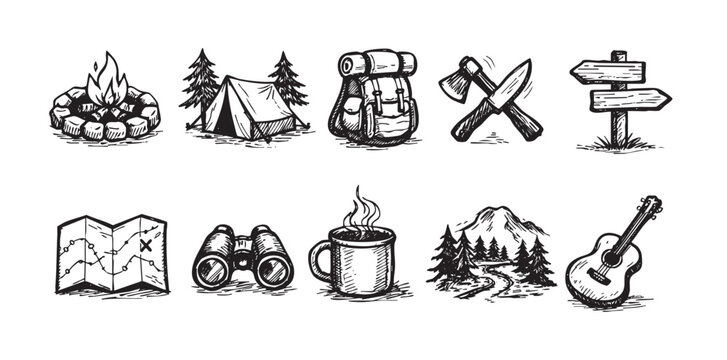 A set of hand-drawn camping icons in black and white. Includes campfire, tent, map, and more. Great for outdoor, travel, or adventure themes.