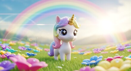 Cute Unicorn in Rainbow Meadow with Colorful Flowers