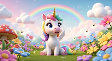 Pastel Unicorn Standing in Magical Rainbow Landscape