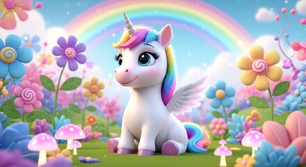 Whimsical Unicorn Scene with Rainbow and Soft Light