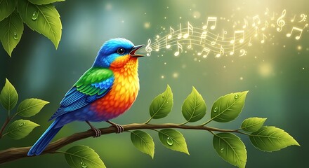 Fantasy Songbird Perched on Branch in Magical Sky