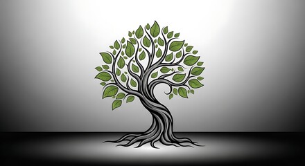 Stylized Tree Illustration with Green Leaves on Neutral Background