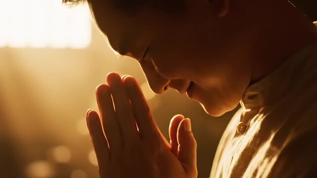 Man Praying with Hands Together in Meditation.