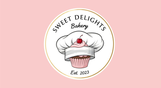 Sweet Delights Bakery logo with chef hat and cupcake illustration.