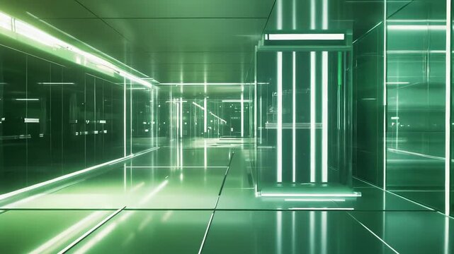 Modern digital corridor with glowing green neon lights creating a contemporary scientific environment, perfect for concepts of advanced technology, data, and future innovation