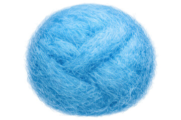 Blue fluffy yarn ball creating an abstract textured sphere, crafting and hobby material with transparent background