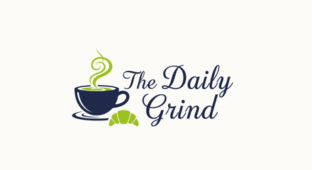 The Daily Grind coffee shop logo with steaming cup and croissant.