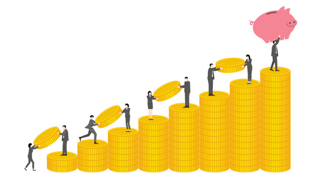 Corporate team building wealth with growing gold coin stacks chart towards financial saving goal