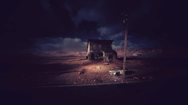 desert night abandoned cabin under storm, faint lamp post casting warm pool of light on gravel, scattered debris near rusted shack, distant clouds rolling,