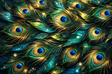Obraz premium Vibrant peacock feathers display stunning blue and gold eyespots