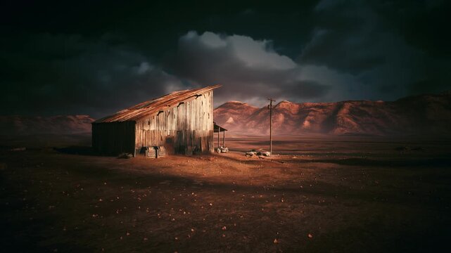 desert shack under stormy clouds at dusk cinematic low light highlights weathered wood and rusted roof, distant mesas and cracked earth, solitary telephone pole