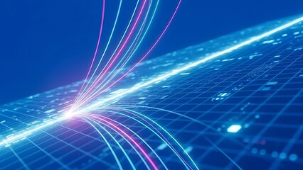 Fototapeta premium Futuristic neon grid with glowing lines and radiant light beams converging at a central point in a digital landscape from a dynamic viewpoint