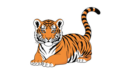 Obraz premium Adorable tiger cub with orange fur and black stripes lies down comfortably and gazes forward with large curious eyes on a white base.