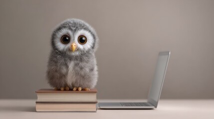 Obraz premium Cute fluffy owl character sitting on stack of books beside open laptop in minimalistic background, perfect for educational or online learning themes