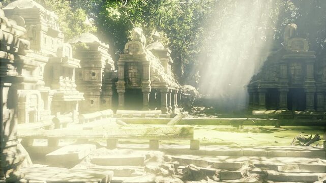 luminous stone sanctuary plaza flooded with soft golden light, ornate carvings on gabled towers, shallow reflective pools, layered terraces, vines clinging