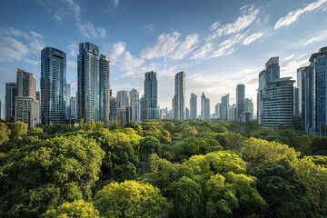 Fototapeta premium City skyline with green park and trees under bright blue sky, showcasing modern high rise buildings and vibrant urban environment with natural greenery and sunlight