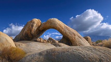 Stunning Rock Formation Arch Under a Vibrant Blue Sky Surrounded by Clouds and Desert Vegetation in California's Unique Landscape