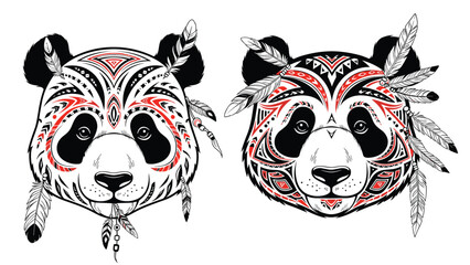 Fototapeta premium Two panda head illustrations are decorated with detailed black and red tribal patterns and colorful feathers for an artistic ethnic look.