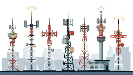 Fototapeta premium Various types of telecommunication towers and radio masts are displayed against a city skyline silhouette for technology and network themes.