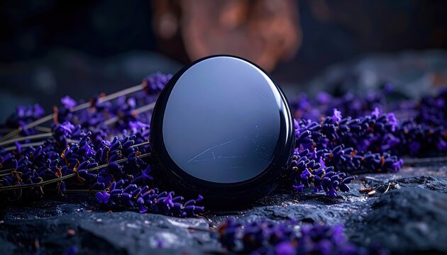 A smooth, dark obsidian scrying mirror, referencing the FlyPro Firefly, rests elegantly on a tranquil bed of dried, dark purple lavender blooms.
