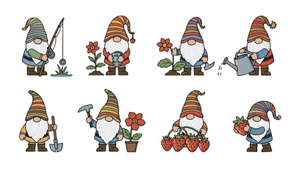 Fun collection of garden gnomes with colorful striped hats busy with activities like fishing, gardening, and harvesting giant strawberries and flowers.