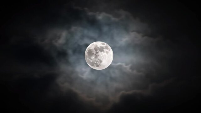 Full moon glowing through dark clouds at night sky, dramatic lunar atmosphere with mystical cloud movement, celestial astronomy background, bright moonlight in moody nocturnal scene for cinematic 4k f