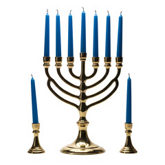 Golden Menorah with Blue Candles Isolated on Transparent Background