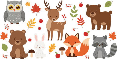 Fototapeta premium Flat vector illustration set of forest animals including owl deer bear fox raccoon rabbit and autumn elements like colorful leaves apples and mushrooms.