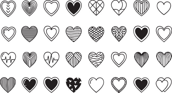 Collection of Various Black and White Heart Illustrations.