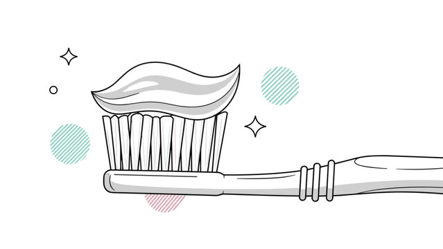 Close-up illustration of a toothbrush with a large swirl of white toothpaste on the bristles and decorative stars and circles.