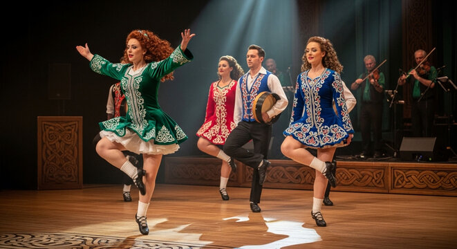 Dynamic group of skilled Irish dancers performing a vibrant traditional step dance on stage, illuminated by theatrical spotlights, showcasing rich cultural heritage and energetic movements