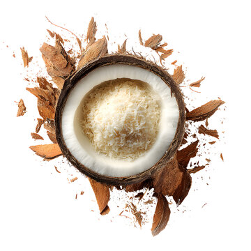 Fresh grated coconut pulp in cracked coconut shell isolated on transparent background