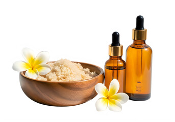 Natural skincare ingredients with amber glass dropper bottles and white powder in wooden bowl isolated on transparent background