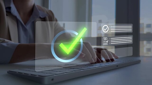 Business person checking digital documents on laptop with checklist approval icon, verification, workflow control, productivity and online document management.	
