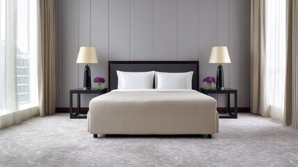 Fototapeta premium Elegant and Modern Hotel Bedroom with Cozy Queen-Sized Bed and Stylish Lamps in a Bright and Inviting Space with Large Windows and Soft Drapes