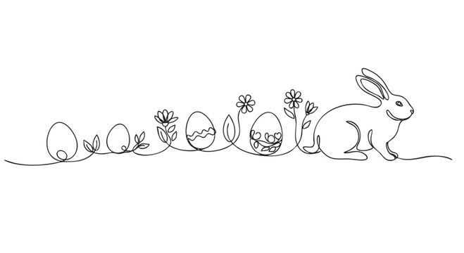 Continuous line drawing of a bunny, Easter eggs, and flowers. Suitable for Easter cards, website headers, social media posts, and minimalist designs.