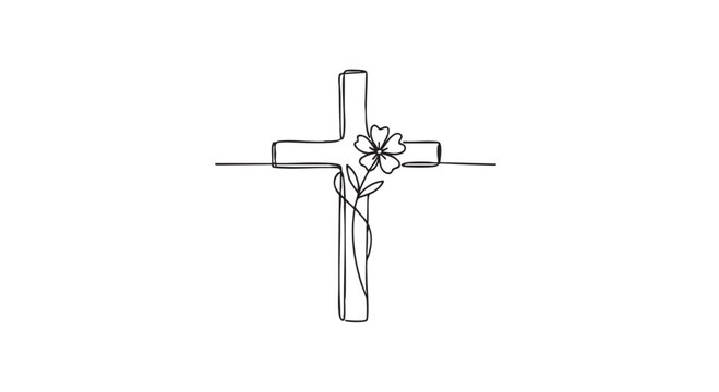 Minimalist one-line drawing of a Christian cross with a flower. Clean and simple design suitable for religious themes, cards, or spiritual designs.