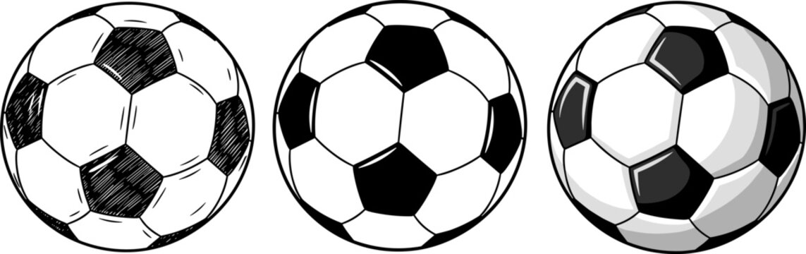 Horizontal set of three soccer balls in sketch, flat, and volumetric vector styles for sports design