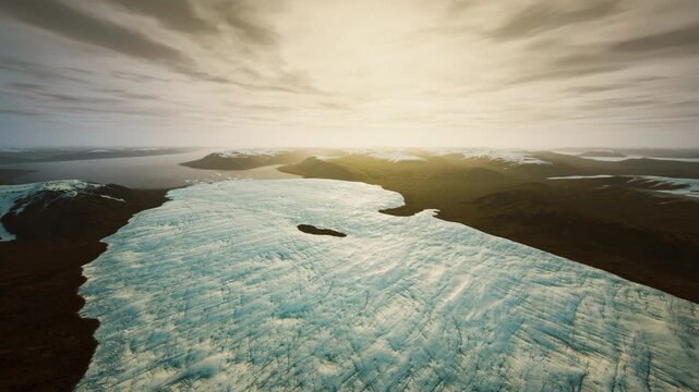 aerial glacier expanse melting under golden sky, textured ice sheet stretching toward distant horizon, slow meltwater channels, moody clouds, warm backlight,