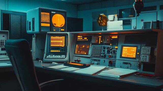 Atmospheric retro futuristic control room with glowing monitors, radar screens, and old fashioned computers evoking mid century technology, data analysis, and cold war era design