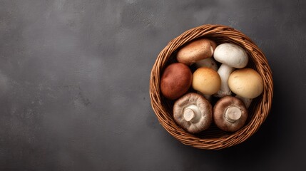 Obraz premium A Rustic Basket Filled with Fresh Assorted Mushrooms on a Dark Background, Perfect for Culinary and Food Photography Projects