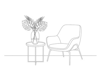 Minimalist Line Art Interior with Modern Chair, Side Table, and Plant Vase Illustration