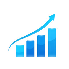 3D blue rising bar chart with upward growth arrow isolated on transparent background
